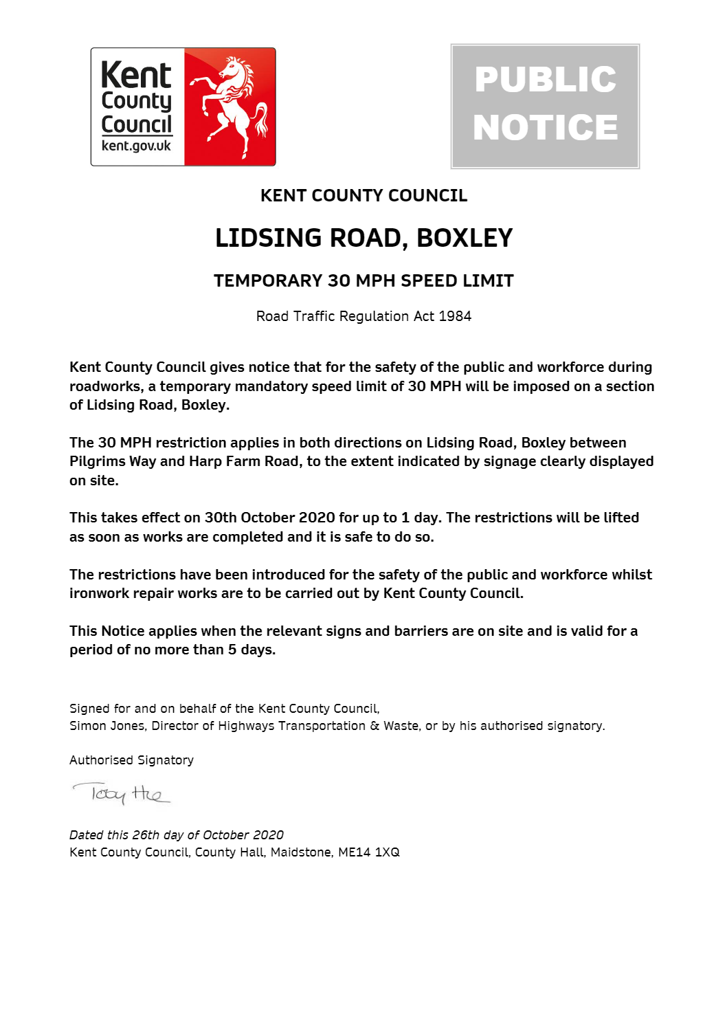Temporary speed reduction in Lidsing Road